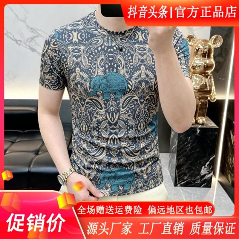 澜阙服饰Amphelisia新款修身男复古印花轻奢透气花色圆领短袖T恤