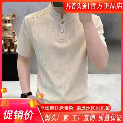 凯登鹿轻奢品质老钱高档夏季新款男国风立领短袖T恤时尚潮流半袖