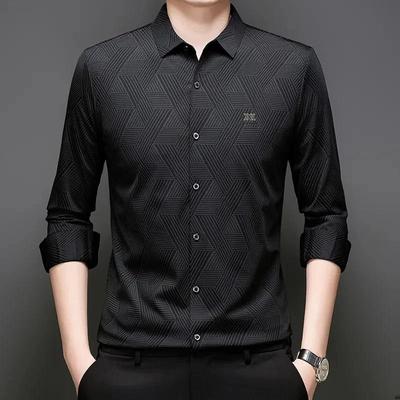 堡利朗男装男士衬衣时尚潮流几何条纹印K花男长袖春秋抗皱25新款