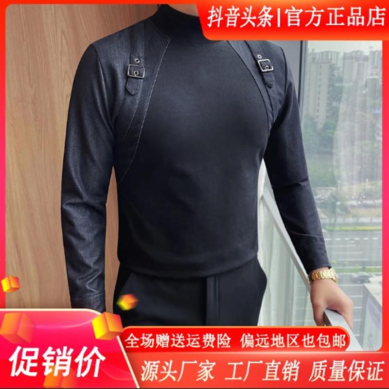 双十二烽焱严选轻奢品V质男士时尚半高领长袖背带款修身弹力打底