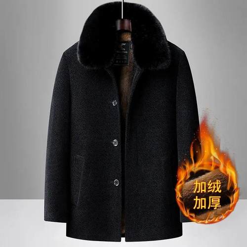 高端高品质爸爸冬装中老年冬季加绒加N厚中长款保暖外套毛呢大衣