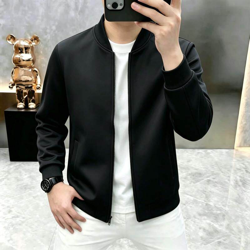 2026新款男士黑色棒球服外套高端纯色弹力面料商务休闲拉链夹克衫