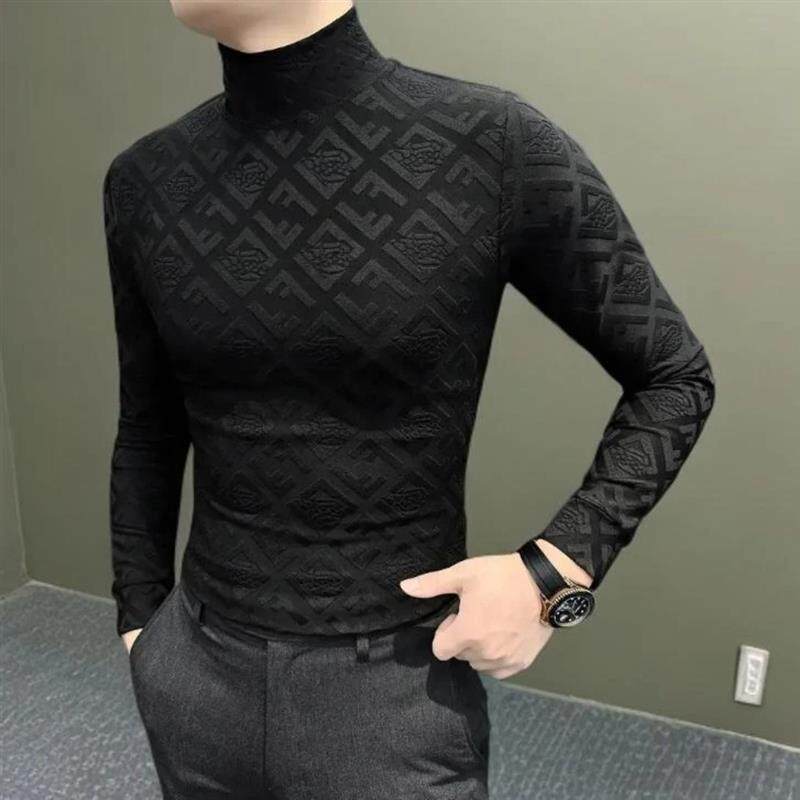 物美优高领男士打底衫冬季新款高级感男装字母v提花长袖男款T恤