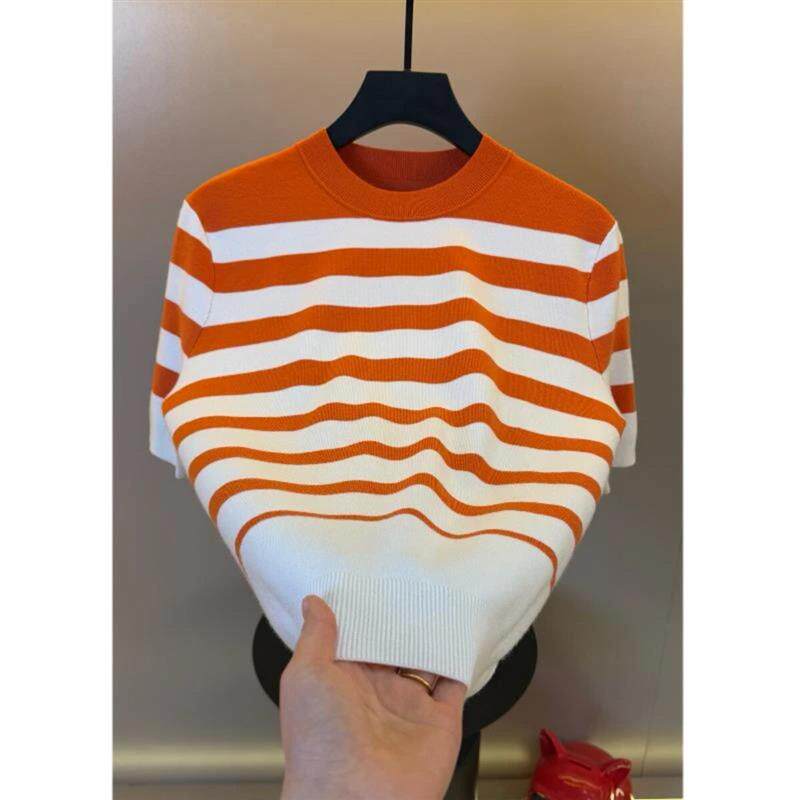 安诺然精选高档早春圆领针织短袖男士时尚百搭洋气T恤条纹上衣M