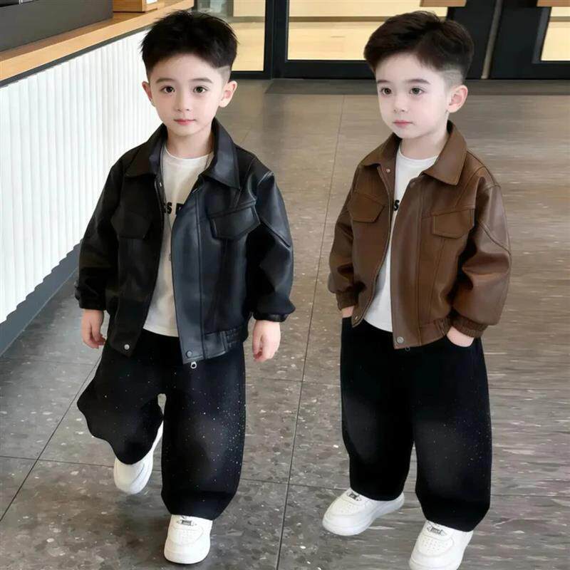 春瑞阁男童春装夹克皮衣外套新春季儿童洋气皮夹克酷帅休闲外套潮