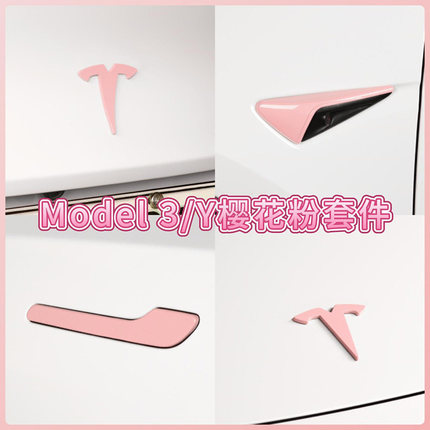 特斯拉MODEL Y/3车标装饰贴甜菜根紫车门拉手贴樱花粉色TESLA车标