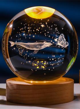 3D内雕水晶球小夜灯实木底座