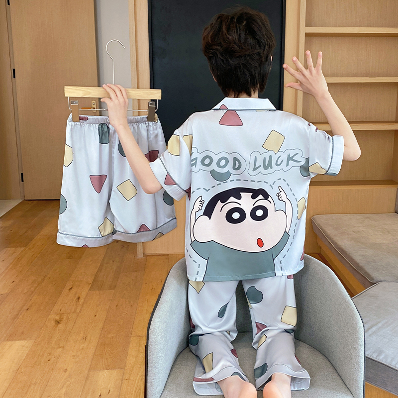 三件套男童睡衣夏季冰丝短袖薄款2025新款儿童男孩大童家居服夏款