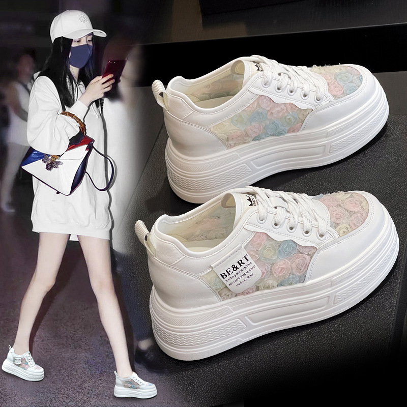 网红爆款小白鞋女9CM小个子2025夏新款透气绣花鞋厚底内增高女鞋
