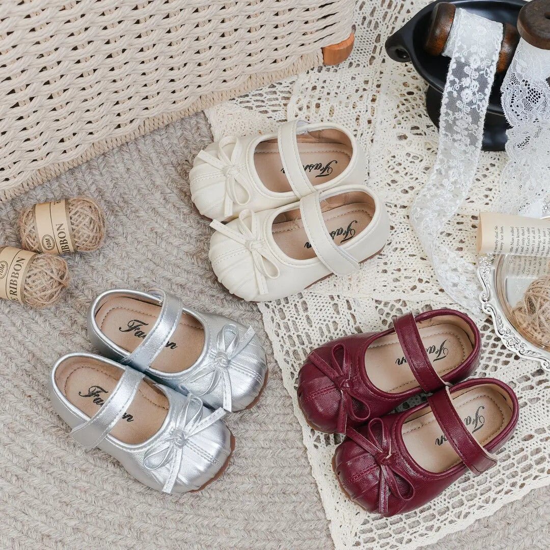2025春秋新款蝴蝶结公主单鞋女童洋气百搭小皮鞋单鞋一脚蹬