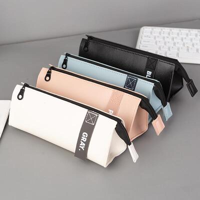 三角笔袋初高中大学生简约立体皮质铅笔盒多功能大容量拉炼文具袋