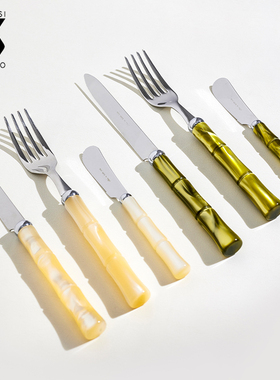 Rivadossi竹节刀叉勺橄榄绿象牙白西餐餐具不锈钢牛排刀黄油刀