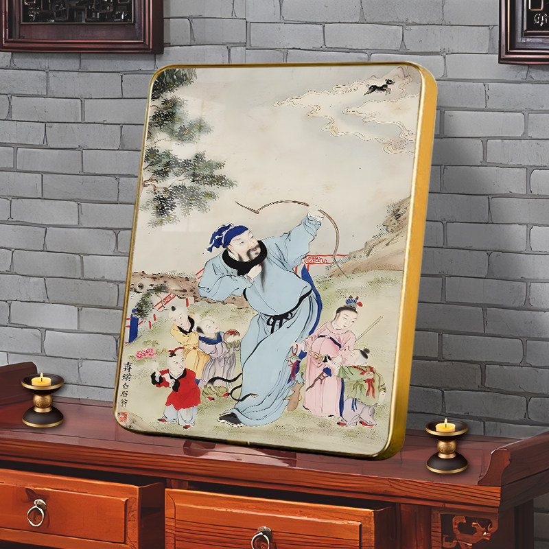 张仙画像相框摆件张仙送子图张仙打狗引子孙护佑儿童装饰挂画摆台