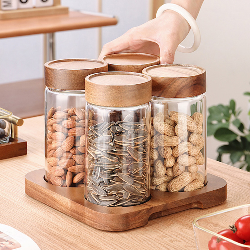密封玻璃干果收纳盒家用客厅茶几中式果盘瓜子坚果盘糖果罐零食盒