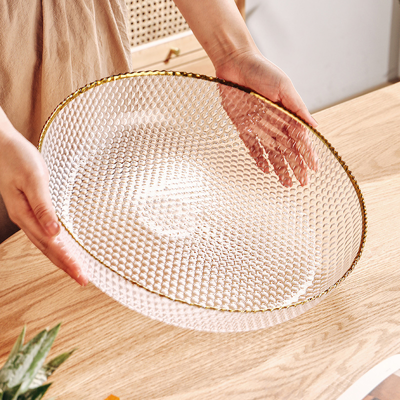 金边玻璃水果盘家用客厅茶几现代轻奢风新年结婚零食盘干果盘大号