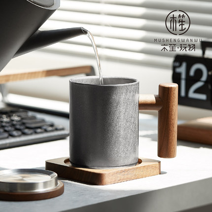 木笙玩物复古银水杯子创意马克杯办公室木把不锈钢咖啡杯露营户外
