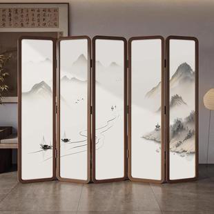 新中式宋代美学山水风实木折屏屏风茶室办公室客厅隔断遮挡乔其纱