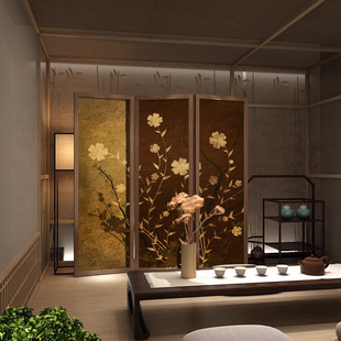 宋代美学复古花卉折屏客厅书房装饰屏风隔断三扇折叠中式实木屏风