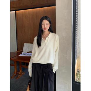 休闲宽松慵懒风v领针织上衣 新款 韩版 polo领毛衣女外穿2023秋冬季