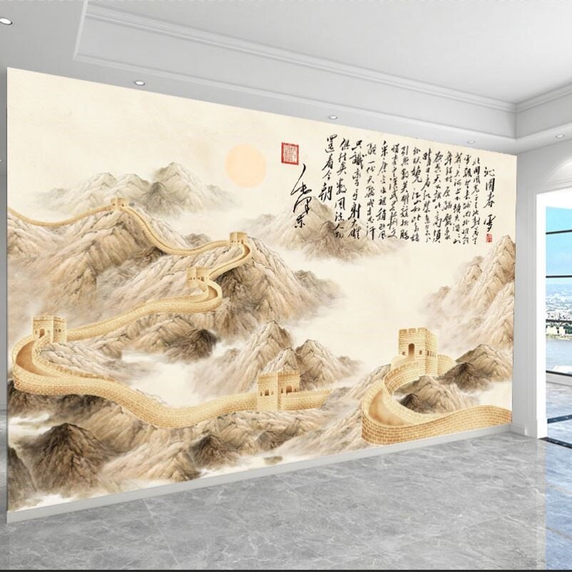 现代中式墙布会议客厅背景墙壁画山水墙纸办公室万里长城字画壁纸