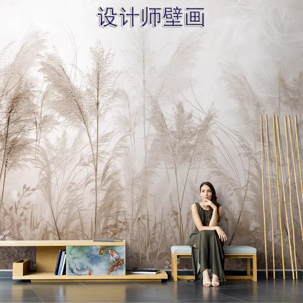 北欧山水芦苇草丛壁纸过道墙纸客厅餐厅沙发风景酒店公寓背景墙布,家装主材,定制壁画,淘宝优惠券,粉丝福利购,淘宝优惠卷