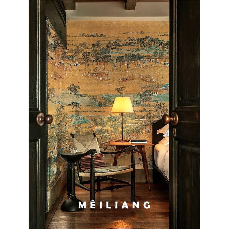 复古金箔壁纸中式古画背景墙中古风法式餐厅客厅沙发电视墙纸墙布,家装主材,定制壁画,淘宝优惠券,粉丝福利购,淘宝优惠卷