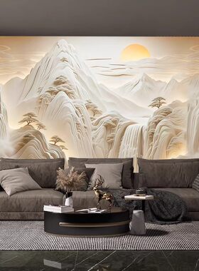新中式浮雕山水石纹壁画定制