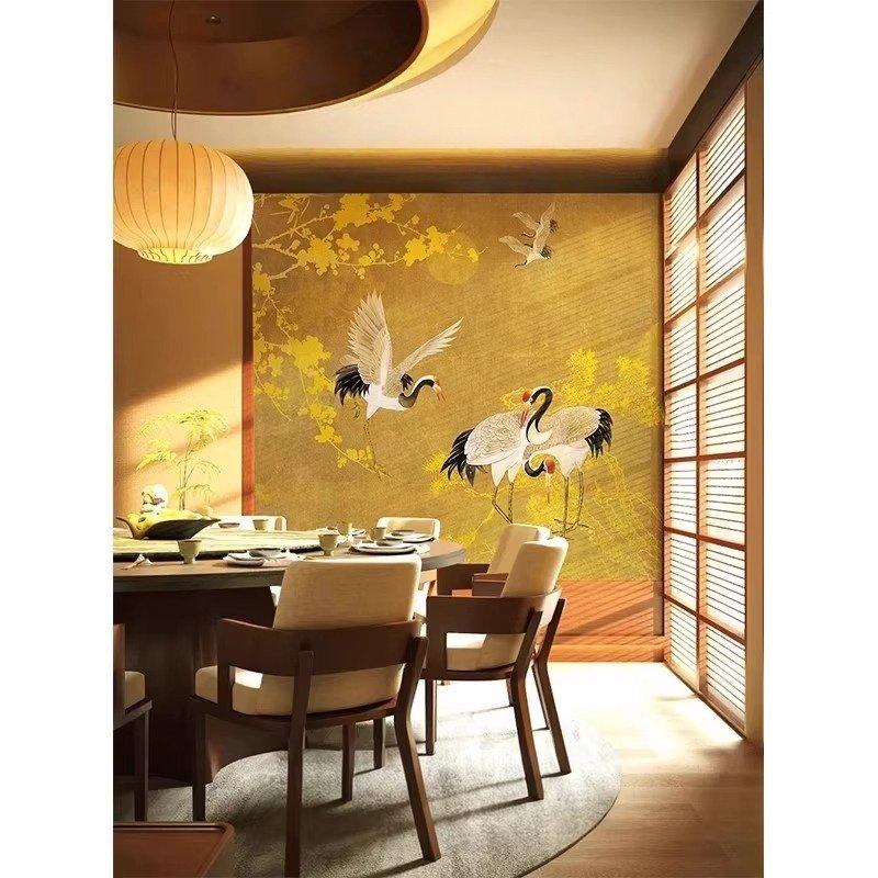 定制新中式民宿酒店金枝仙鹤壁纸复古中古风客厅沙发背景墙纸墙布,家装主材,定制壁画,淘宝优惠券,粉丝福利购,淘宝优惠卷