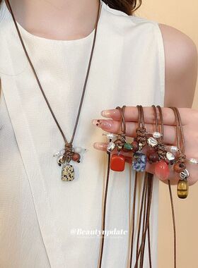 蜡绳石头木头串珠吊坠可拉伸项链