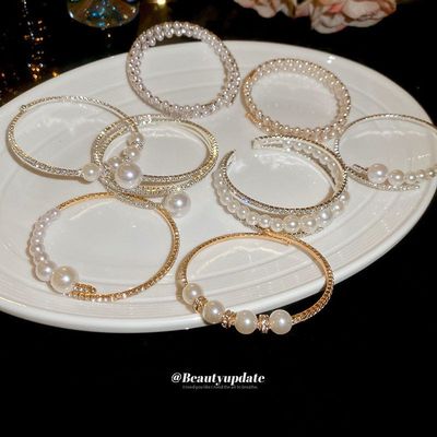 镶钻不规则多层珍珠开口手镯法式