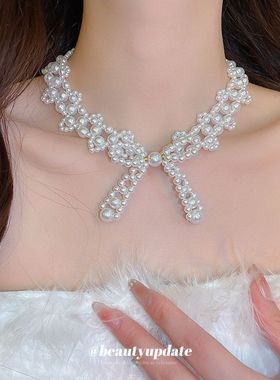 不锈钢蝴蝶结珍珠项链复古优雅