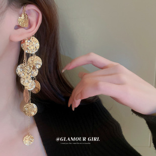 褶皱圆圈亮片流苏耳挂个性夸张重金属风无耳洞耳夹时尚通勤耳饰女