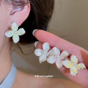 新品独特清冷感蓝色渐变耳钉花朵珍珠水晶耳饰简约轻奢个性耳饰