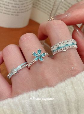 韩系ins滴油镶钻花朵开口戒指