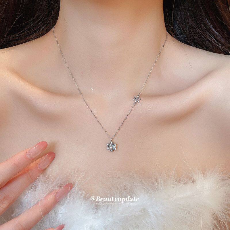 清冷感蓝色锆石雪花吊坠项链女