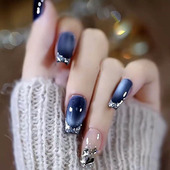 秋冬新款 蓝色百搭显白手工制作成品假指甲高级感气质可拆卸穿戴甲