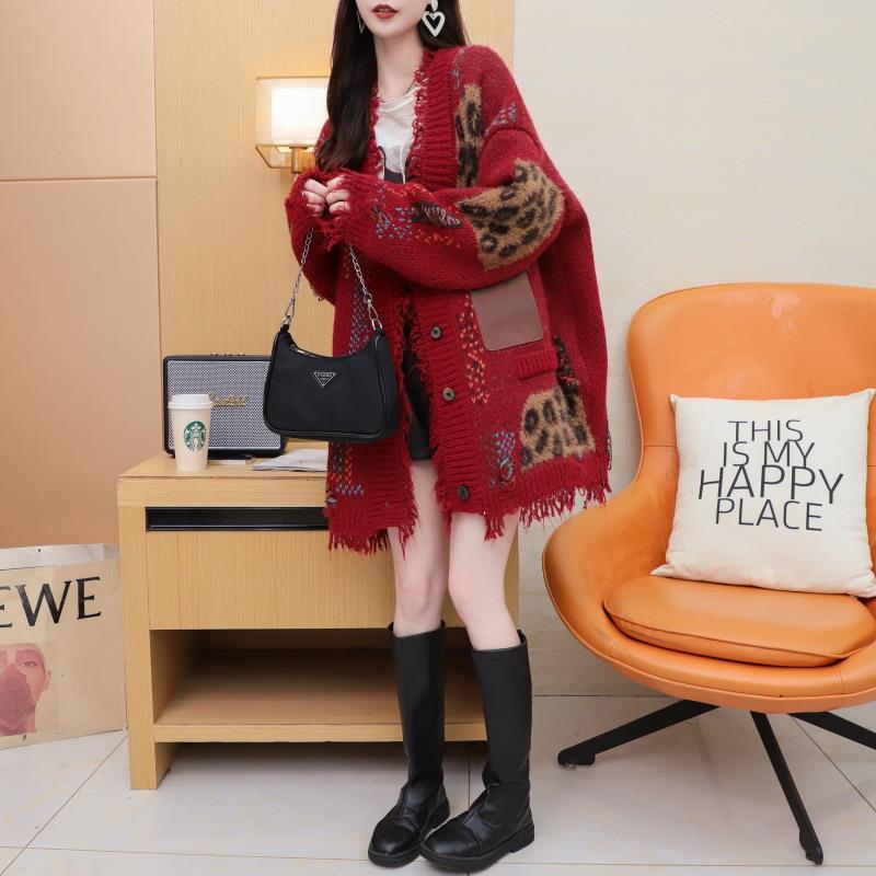 美式复古豹纹撞色V领宽松慵懒软糯毛衣外套女秋冬新款高级感开衫