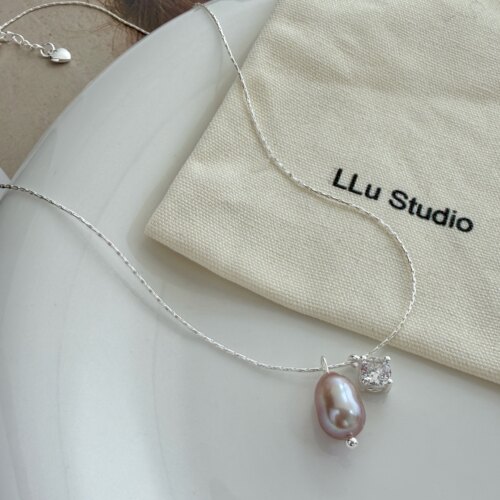LLuStudio紫珠碎钻天然淡水紫色珍珠锆石吊坠锁骨链项链