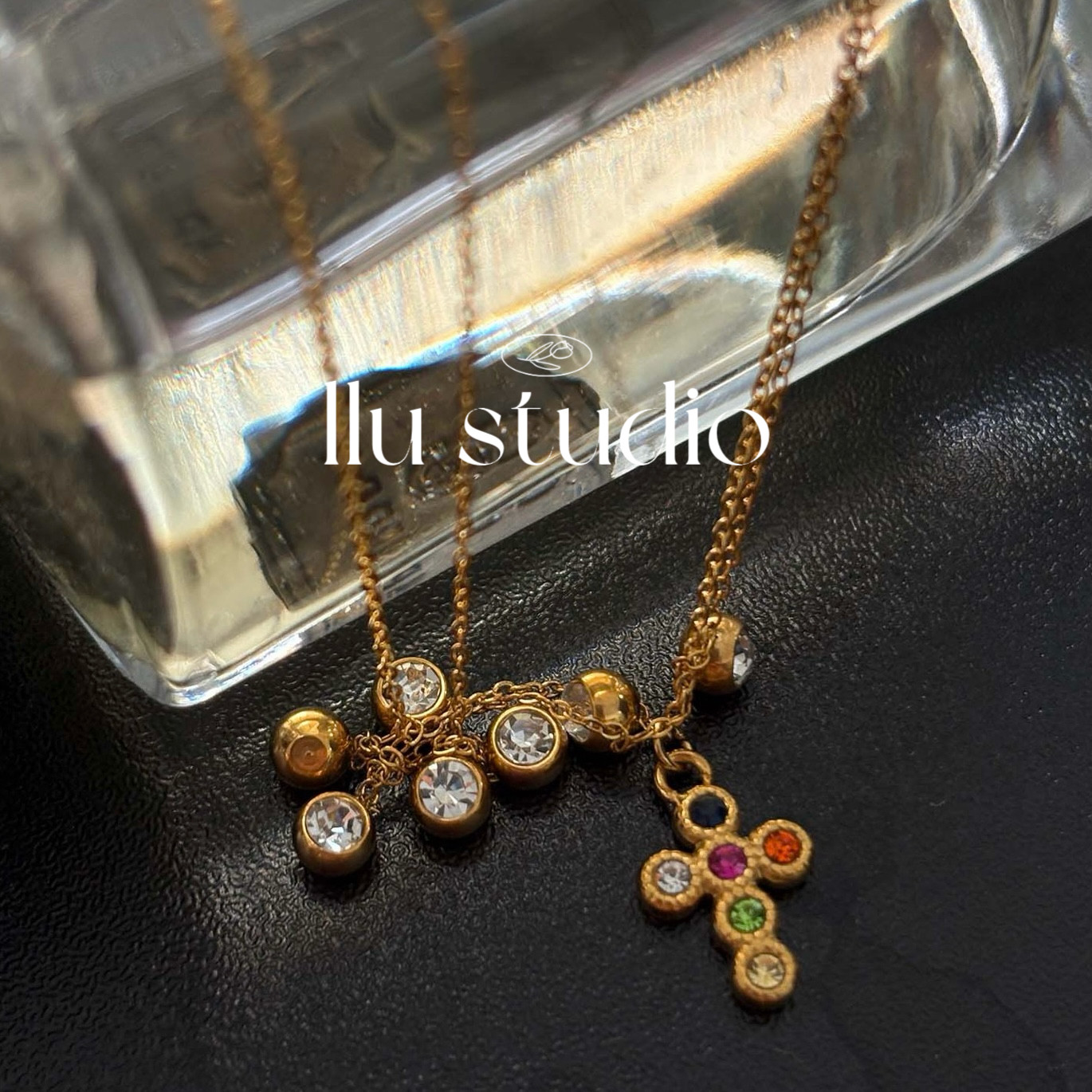 LLuStudio复古琉璃十字锁架锁骨链落日彩钻百搭捷克钻颈链子