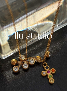 LLuStudio复古琉璃十字锁架锁骨链落日彩钻百搭捷克钻颈链子