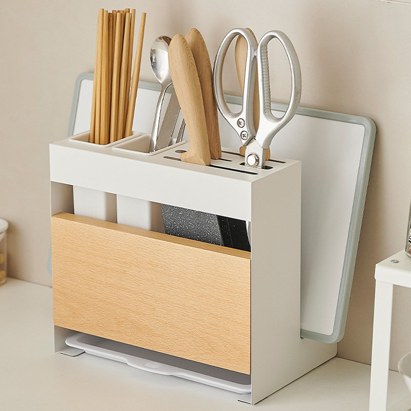 cmeo菜刀架筷子置物架原木免打孔台面砧板锅盖收纳勺子插刀置放