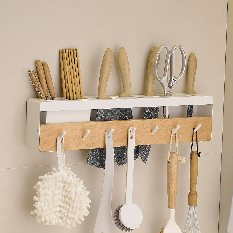 cmeo原木风厨房刀架筷子置物架免打孔壁挂刀座收纳架锅铲收纳菜刀