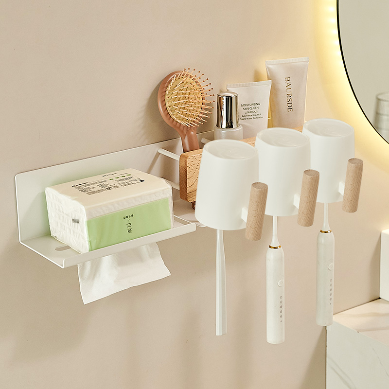 cmeo原木白洗脸巾置物架漱口杯牙杯电动牙刷架子挂架卫生间免打孔
