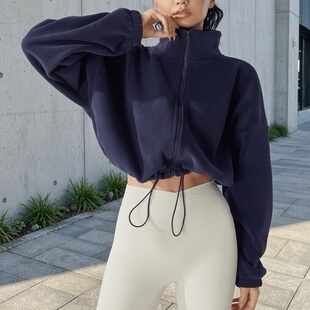 超短款加厚保暖抓绒卫衣女高腰双面绒瑜伽运动抽绳显瘦摇粒绒外套