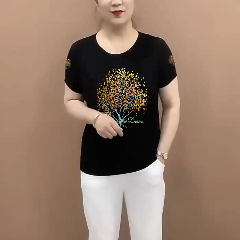 发财树黑色烫钻短袖打底小衫女夏新款大码宽松洋气中老年妈妈t恤