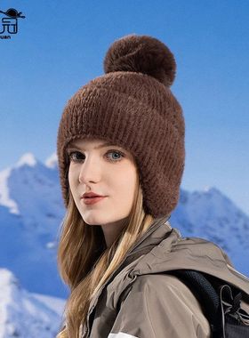 百搭帽子帽新款护耳冬季防寒保暖女潮8331针织韩版毛线帽毛绒毛球