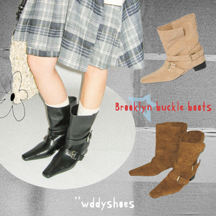 wddyshoes 2026春季新款复古尖头绒面皮带扣切尔西靴女麂皮短靴