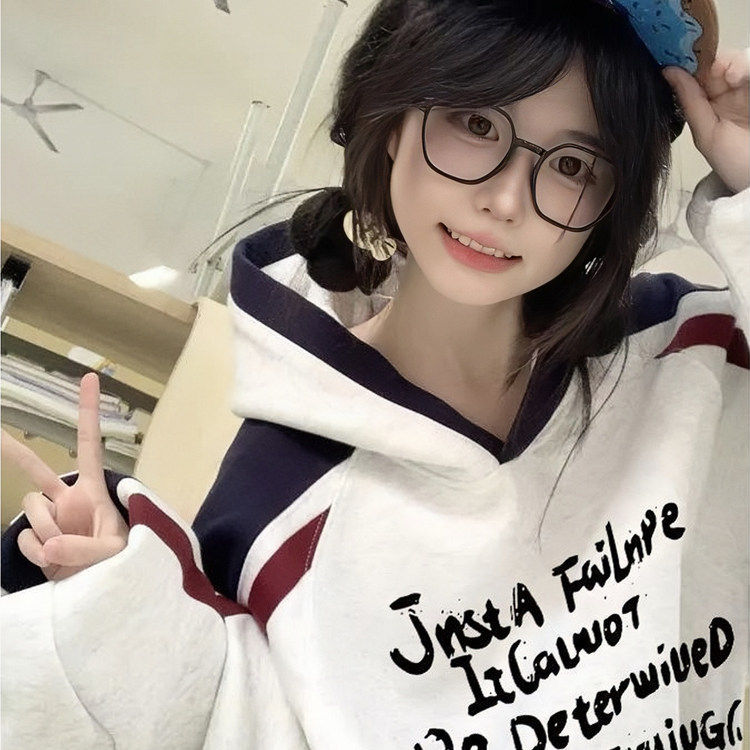 美式拼接撞色连帽卫衣女大童2025秋冬新爆款初中学生宽松加绒外套