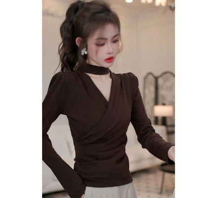 超好看挂脖v领长袖t恤打