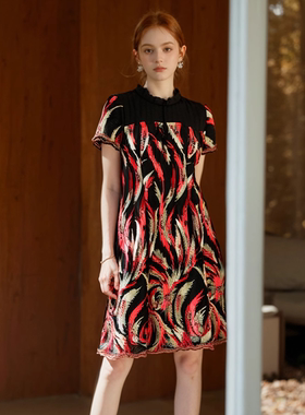 六礼精选品牌女装高端时尚气质百搭黑红花连衣裙慕天姿A1-16073